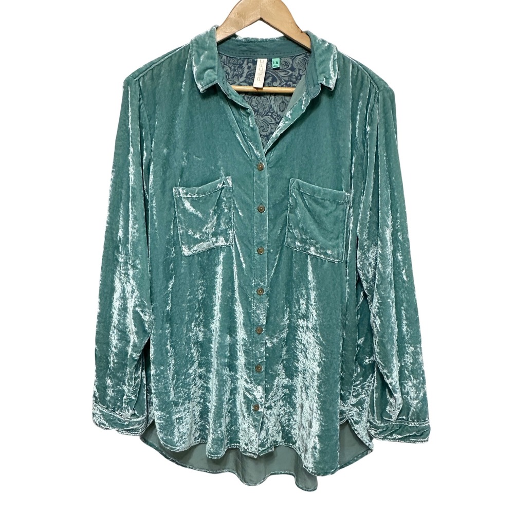 Anthropologie Pilcro Hadley Crushed Velvet Button Down Shirt 18W Aqua Holiday - Picture 2 of 11